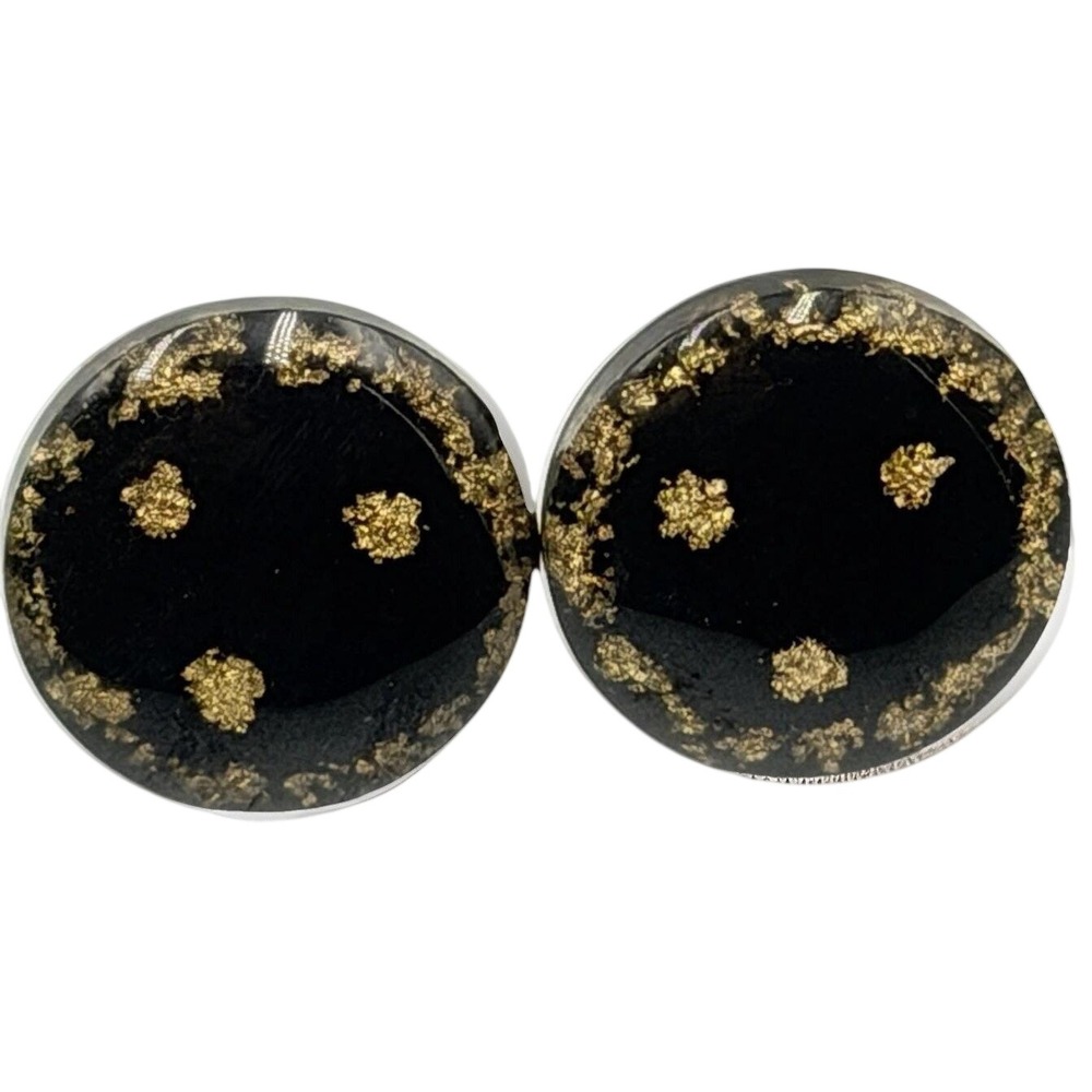 Vtg Black Gold Confetti Dome Clip On Earrings Acrylic‎ Kitsch Statement
